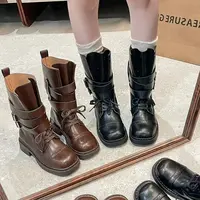 圆头女中筒透气皮带扣胶粘马丁靴筒靴杏色单靴靴子8001