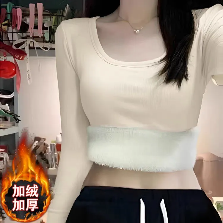秋冬季女款加绒加厚银狐绒保暖百搭方领打底衫内搭长袖T恤女上衣
