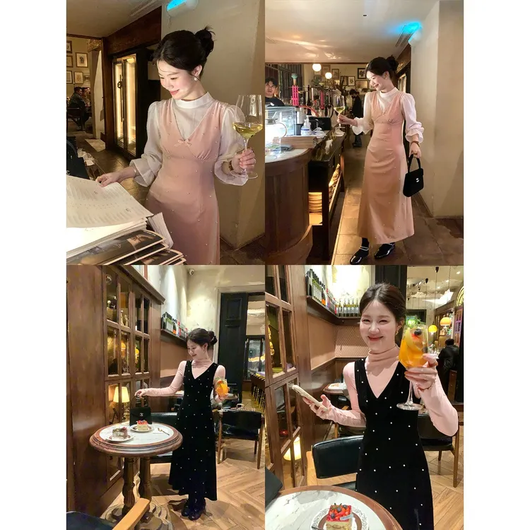 火【珍珠璀璨】韩系秋冬都市硬核穿搭v领珍珠丝绒连衣裙L38659HH53
