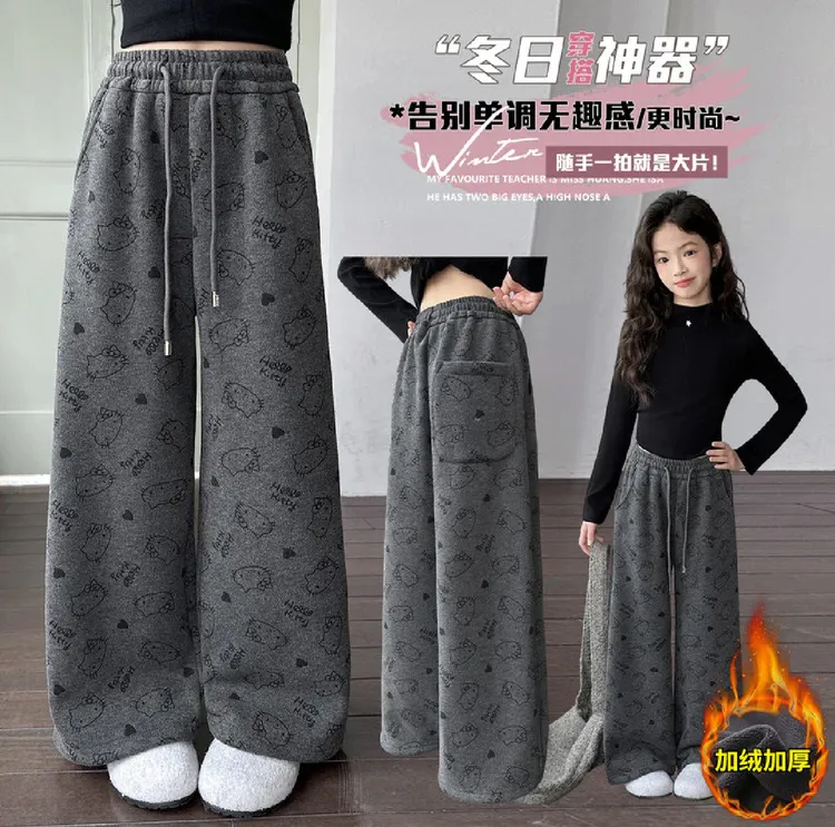 女童猫咪印花糯米绒加绒加厚休闲裤