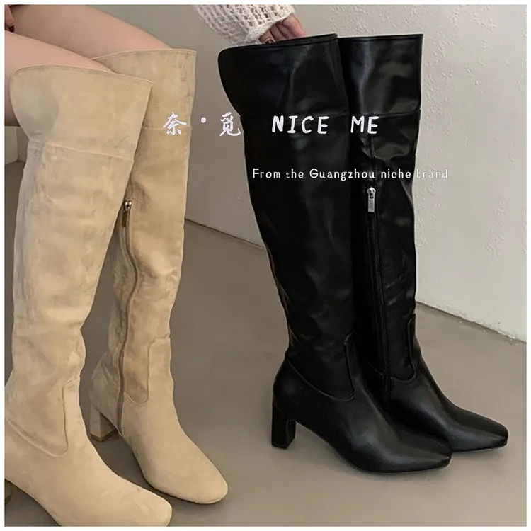 【轻奢韩女】NICE ME~欧美风秋冬尖头粗跟过膝长靴长筒时尚弹力靴ol