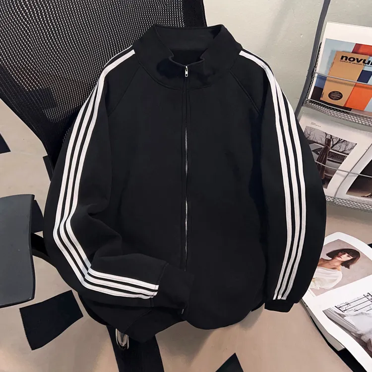 Dekkry潮流三条杠黑色立领开衫卫衣男女秋冬基础款百搭情侣装外套