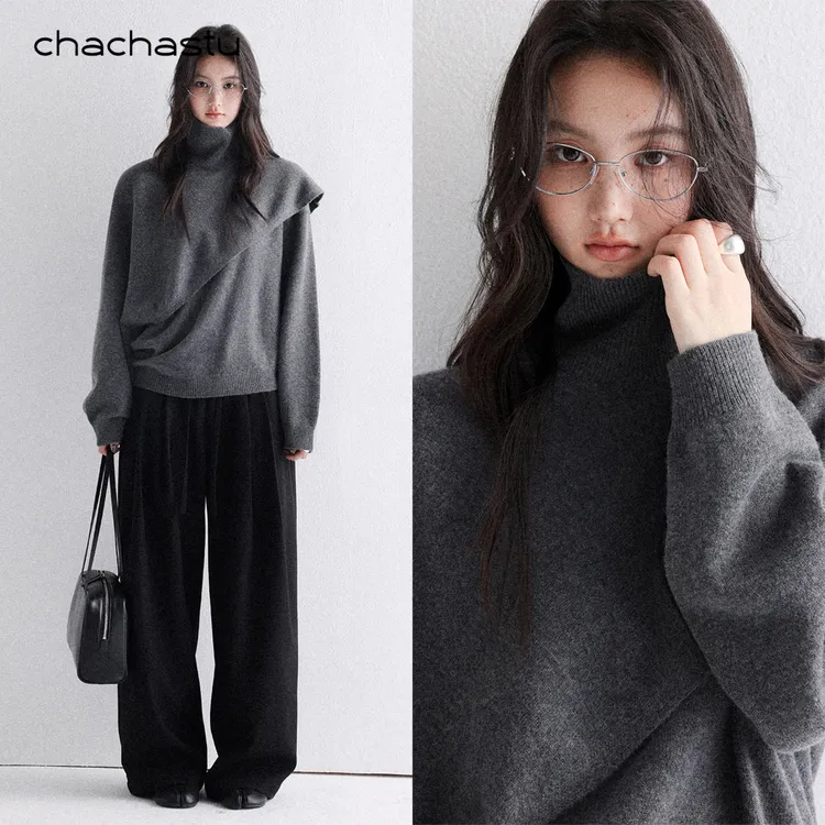 CHACHASTU小众设计感斗篷披肩毛衣女灰色显瘦高级感针织衫XX6406