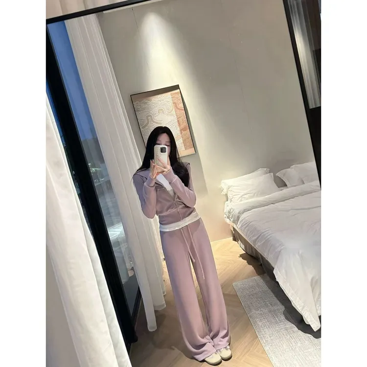 【田姐专属】韩系休闲气质韩女针织连帽修身显瘦开衫+休闲裤套装  83066