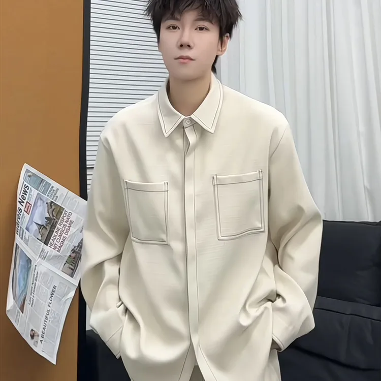 米白色美式工装长袖衬衫男生韩系早秋穿搭一整套帅气衬衣裤子套装