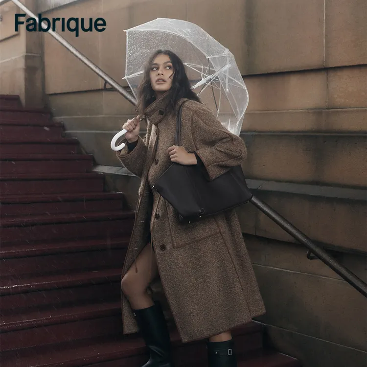 Fabrique Yuki 秋冬新品姜饼人羊驼毛圈圈毛呢立领抽绳长款大衣