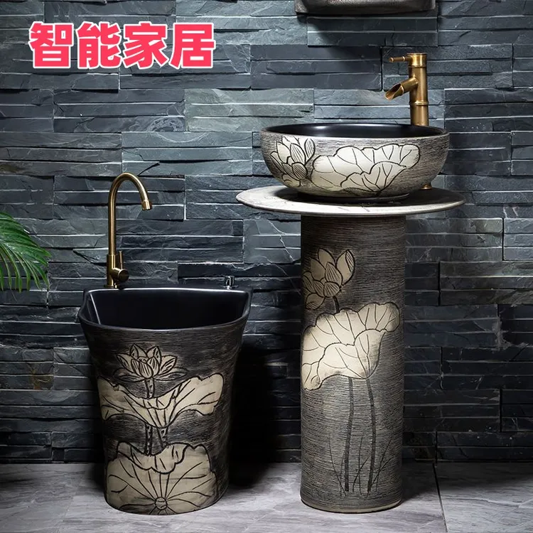 立柱式洗脸盆陶瓷户外洗手盆别墅庭院水池室外阳台落地式一体柱盆