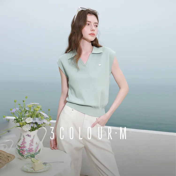 三彩2025夏季新款无袖POLO衫针织衫翻领简约气质套头衫上衣M