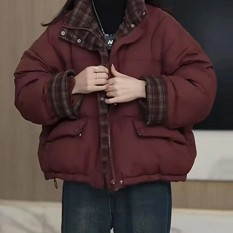 高级复古风翻领短款棉服外套女2025秋冬季格子拼接宽松加厚面包服