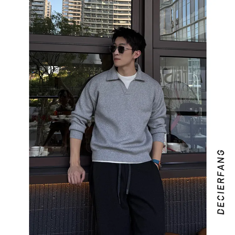 假两件纯色百搭套头翻领针织毛衣男士25秋季宽松保暖POLO领上衣