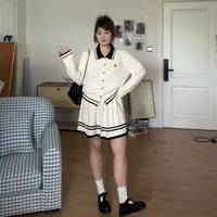 晶咕软软【艺术系学妹】miu系学院风减龄针织开衫+半褶半身裙