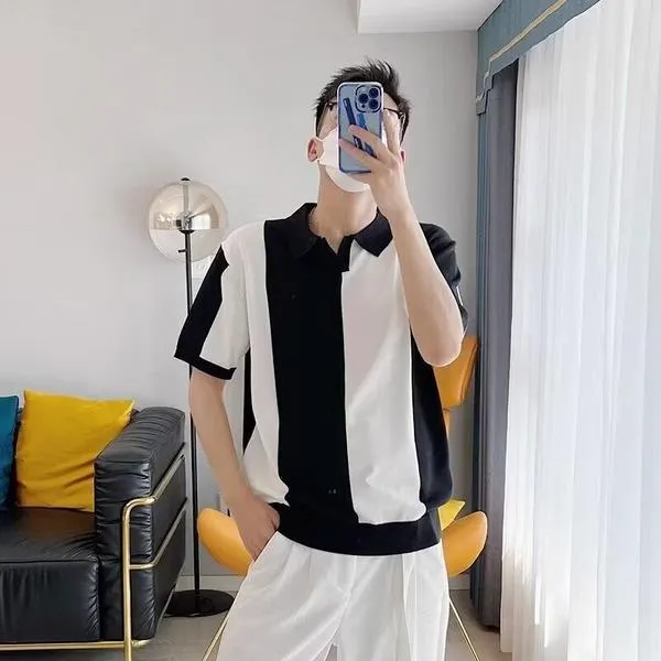 韩版夏季冰丝黑白拼色短袖男Polo衫宽松轻熟撞色翻领潮流透气休闲