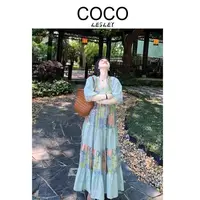 【COCO LESLEY】法式波西米亚绿色V领连衣裙女夏季旅游度假风长裙子