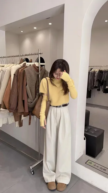 2025秋季新款韩系甜美少女风miu系黄色半高领袖套针织阔腿裤套装