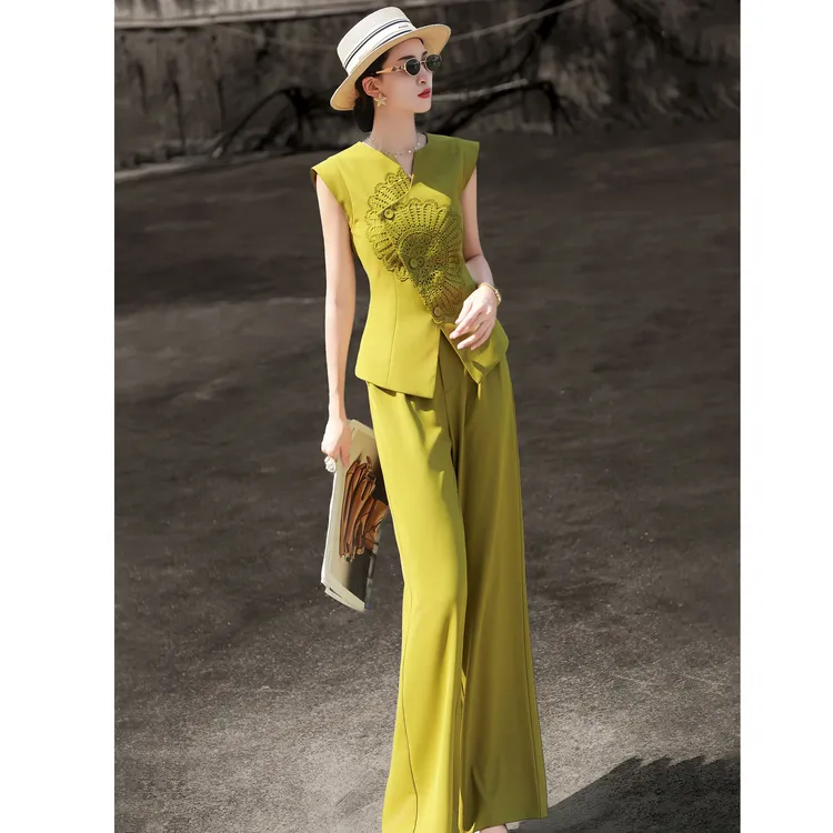 1142夏季新款气质高级感蕾丝拼接不对称西装上衣阔腿裤套装