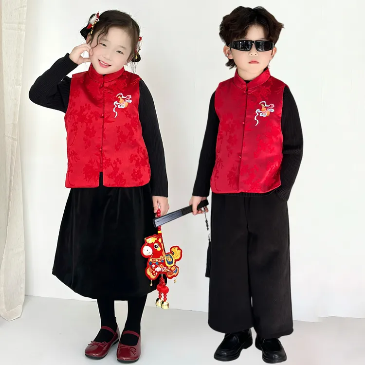 儿童中国风唐装拜年服男女童新中式福禄夹棉马甲周岁男宝礼服汉服