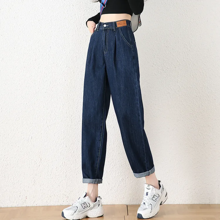 大码胖MM哈伦牛仔裤女春秋2025新款高腰显瘦松紧腰宽松直筒老爹裤
