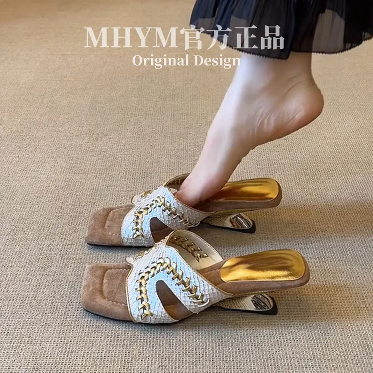 羊皮版~高级感真皮编织小众坡跟凉拖鞋女时尚方头优雅气质一字拖