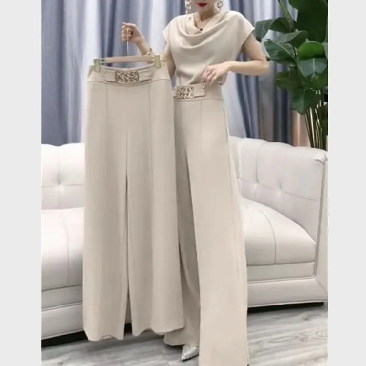 新款时尚女气质显瘦堆堆领短袖上衣阔腿裤