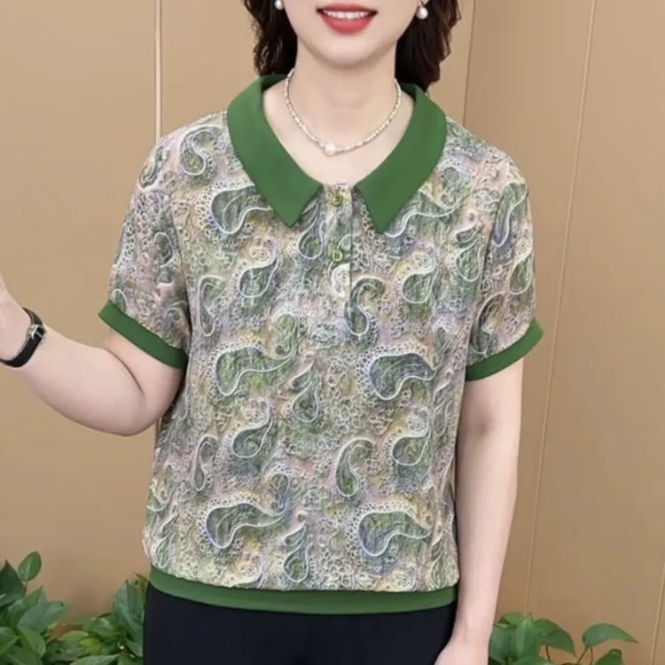 夏季新款时尚翻领印花气质妈妈装宽松显瘦减龄休闲短袖上衣K167