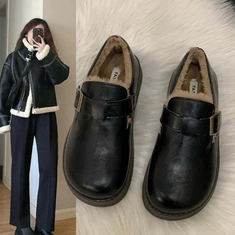 厚底皮面勃肯鞋女2025新款冬季棉鞋黑色豆豆小皮鞋加绒加厚雪地靴