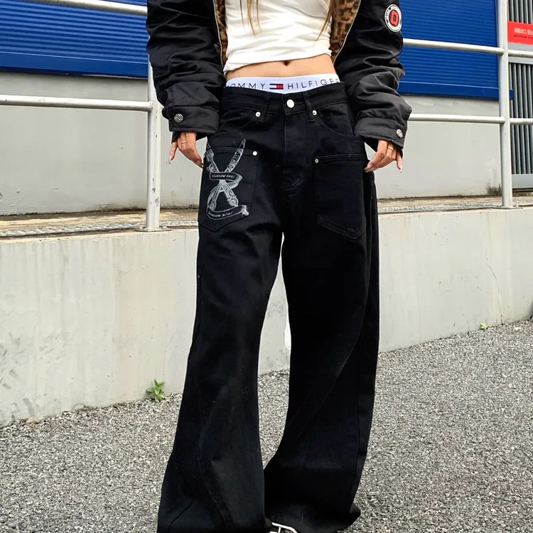 美式复古字母印刷黑色牛仔裤男女新款设计感小众宽松直筒阔腿裤