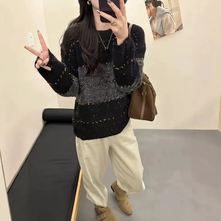 /340/慵懒风细闪条纹针织衫毛衣女秋巨好看套头毛上衣