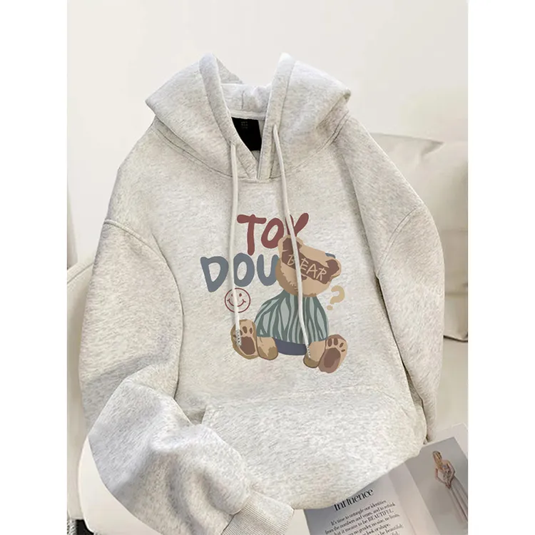 胖mm可爱小熊连帽加绒卫衣女2025秋冬宽松200斤大码上衣加厚帽衫