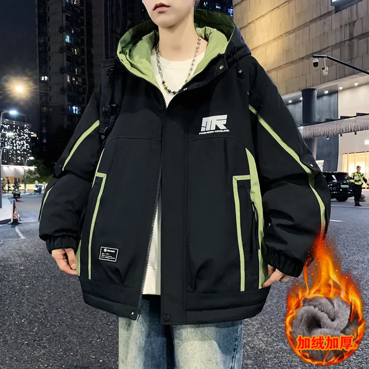 加绒加厚男士夹克青少年港风时尚潮流百搭宽松学生防寒保暖男外套