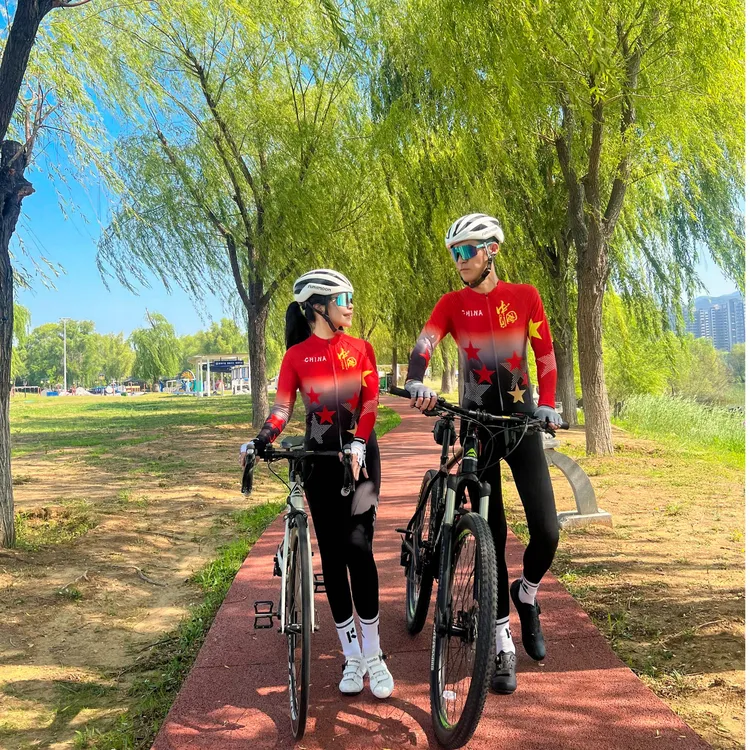 中国红加绒男女夏季款长袖骑行服透气公路自行车服
