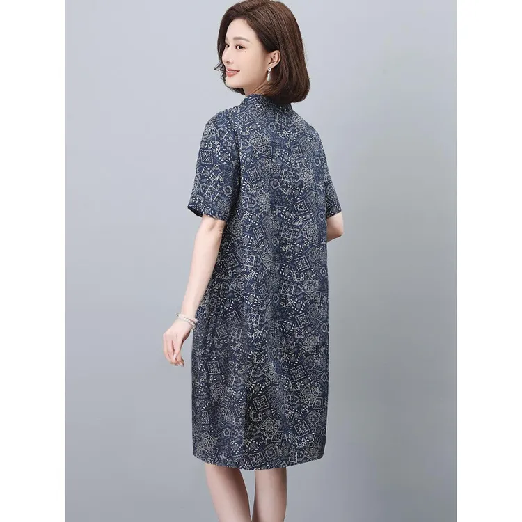 纯棉连衣裙女2025新款夏季气质大码女装直筒裙显瘦棉麻风妈妈裙子