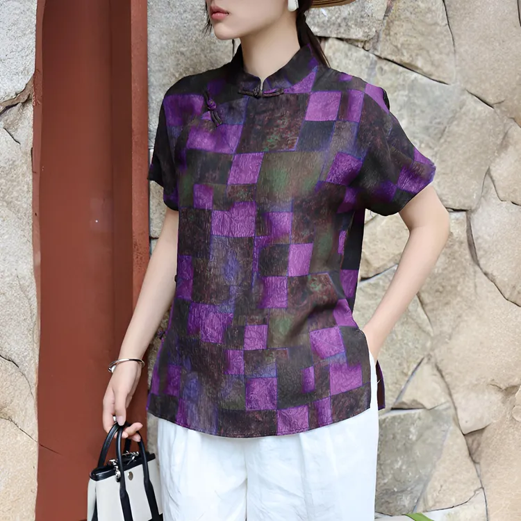【紫罗兰格】格子方块中式人丝香云纱中国风复古短袖上衣