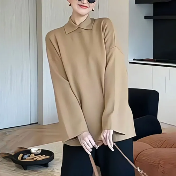 高级感秋冬polo领针织衫女慵懒宽松毛衣洋气减龄内搭打底衫上衣