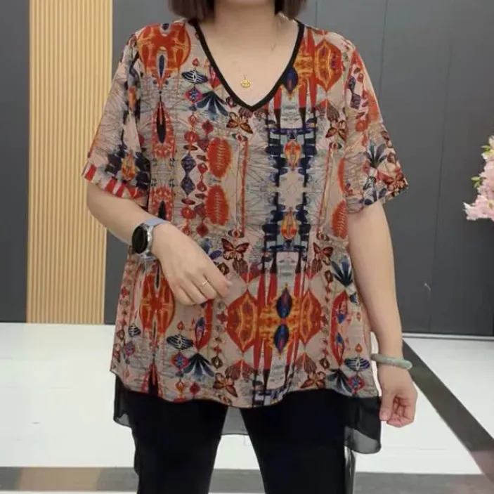 梦梦家3078款时尚洋气休闲百搭V领拼接半袖衫