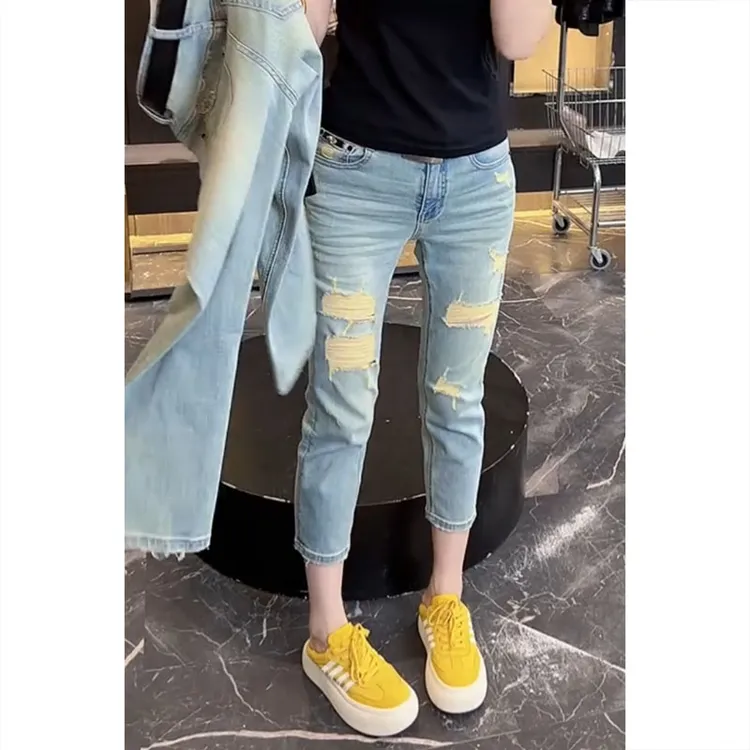 艾塔莉显瘦破洞烟管裤女夏季新款大码牛仔裤时尚铅笔九分裤小个子