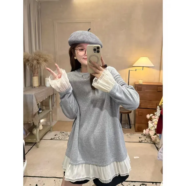 晶咕佳佳【芭蕾曲】下摆花边圆领绒毛打底衫卫衣长袖时尚休闲百搭