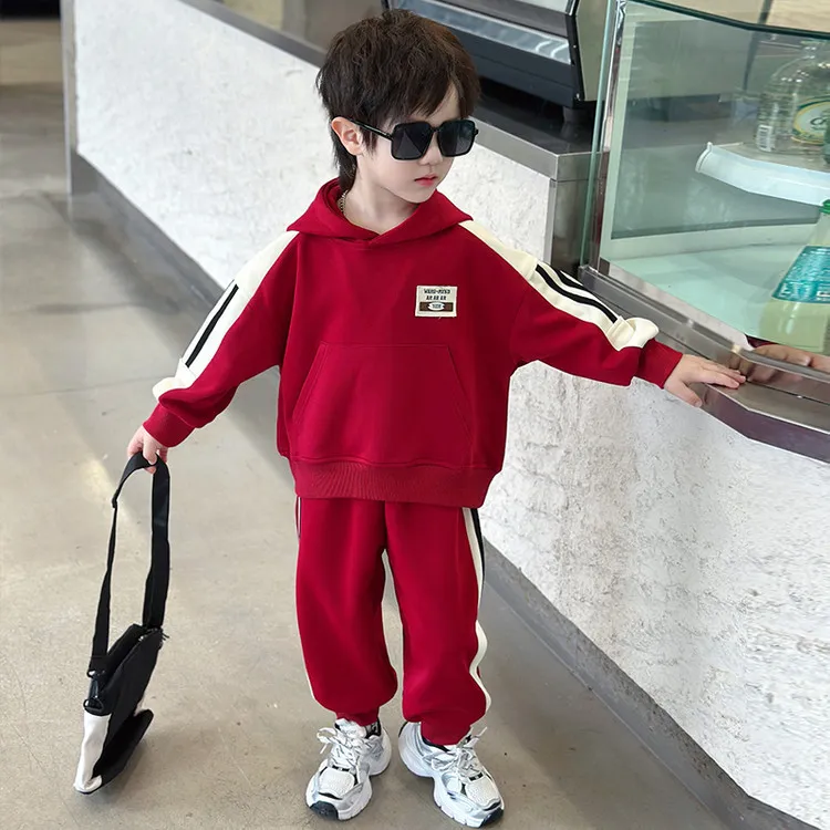 洋气衣服男童连帽织带卫衣套装2025春季新款儿童帅气运动套中小童