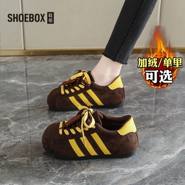 达芙妮鞋柜复古反绒大头鞋女2025秋季加绒厚底贝壳头休闲德训鞋