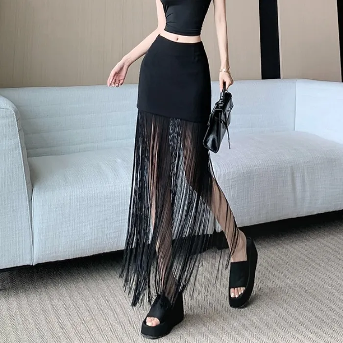 黑色西装半身裙女夏季薄款设计感流苏拼接高腰a字垂坠感包臀长裙