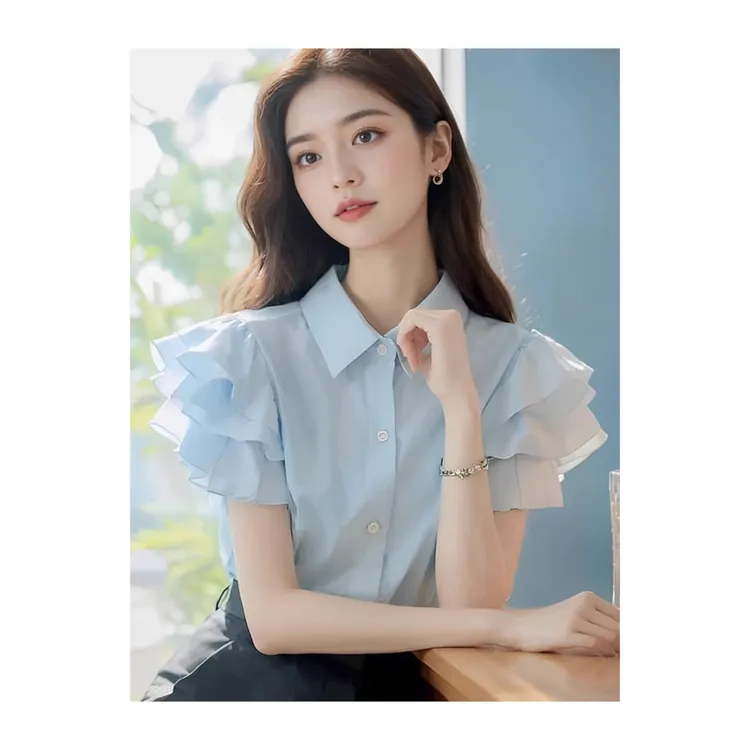 蓝色甜美荷叶边短袖上衣聚酯纤维纯色衬衫女夏季休闲款