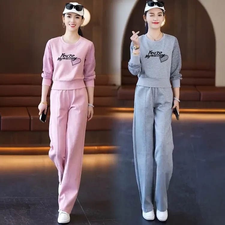 休闲运动套装女2025春季新款洋气减龄显瘦圆领卫衣阔腿裤两件套潮