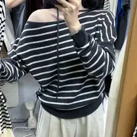 【夏央家】秋季条纹斜肩新款韩系羊毛针织衫长袖薄款女士百搭#9965