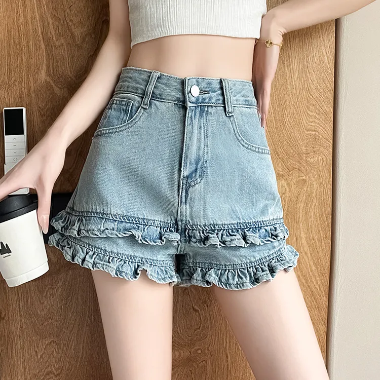 荷叶花边牛仔短裤女2025夏季薄款木耳边设计感包臀裤辣妹热裤外穿