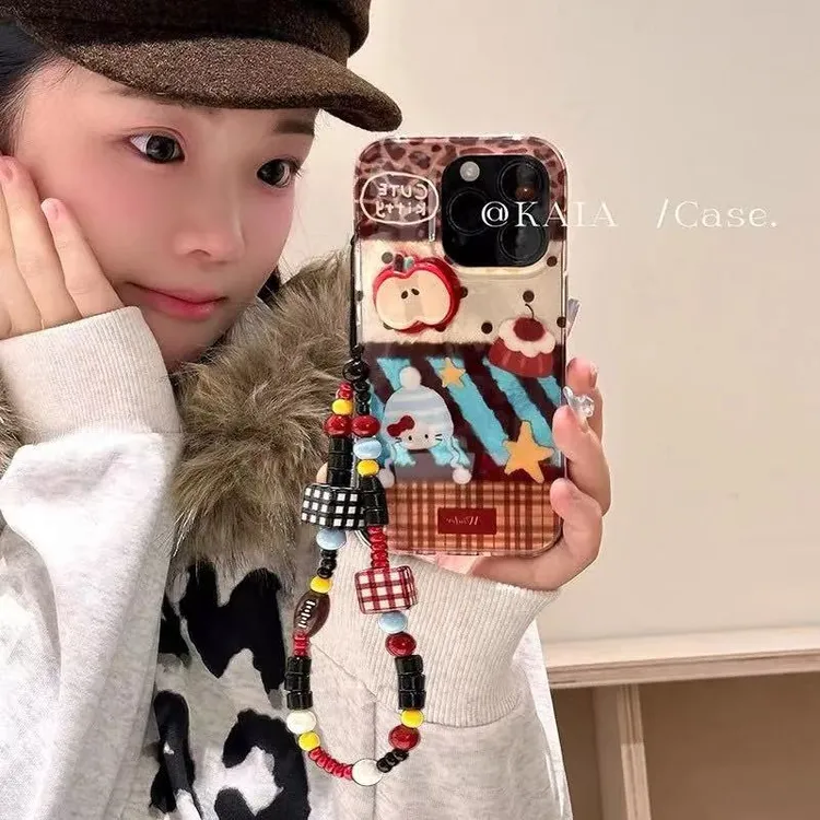 豹纹波点kt猫链条适用苹果17Promax手机壳iPhone16冰川纹15防摔壳