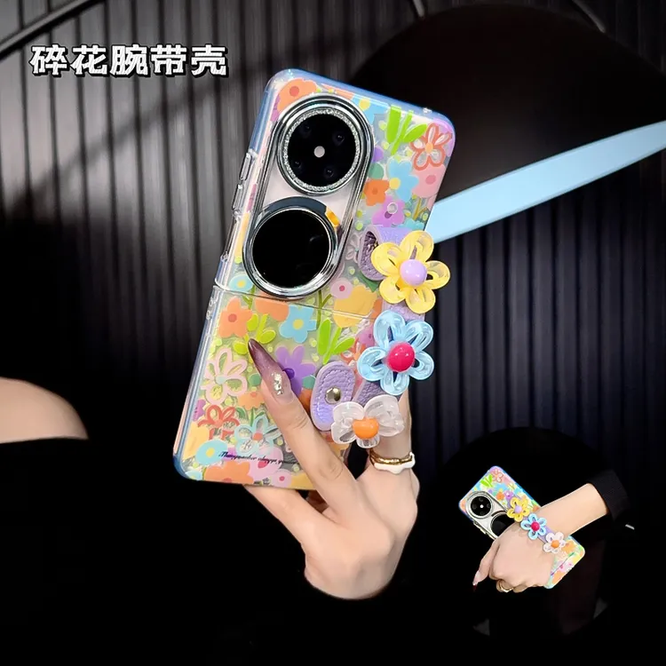 适用华为pocket2手机壳新款p50pocket套pockets涂鸦花朵腕带女款p