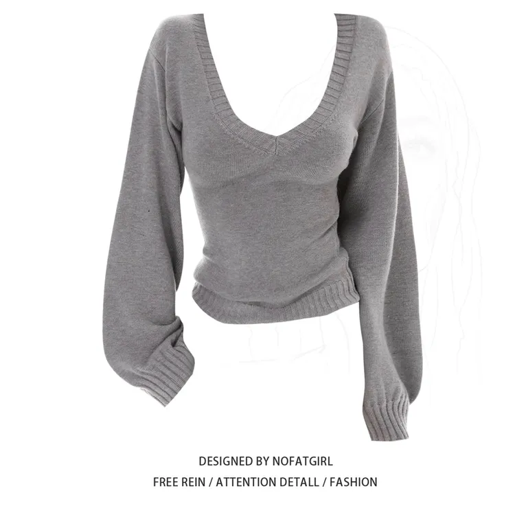 大码胖MM美式辣妹风V领长袖针织衫女秋灰色修身百搭性感毛衣上衣