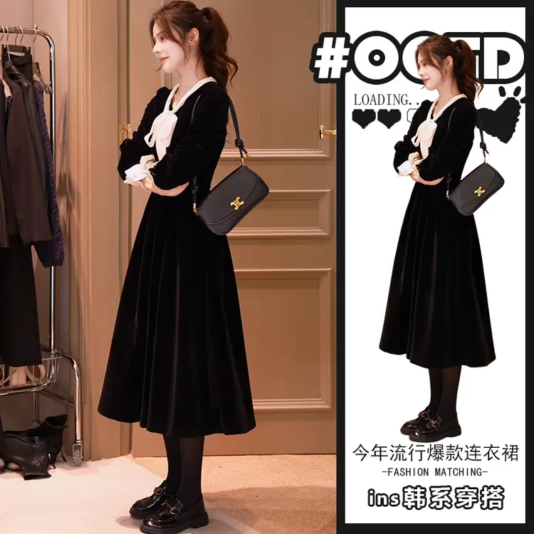 2025新款春秋绝美小裙子小香风气质优雅收腰长袖蝴蝶结绑带连衣裙