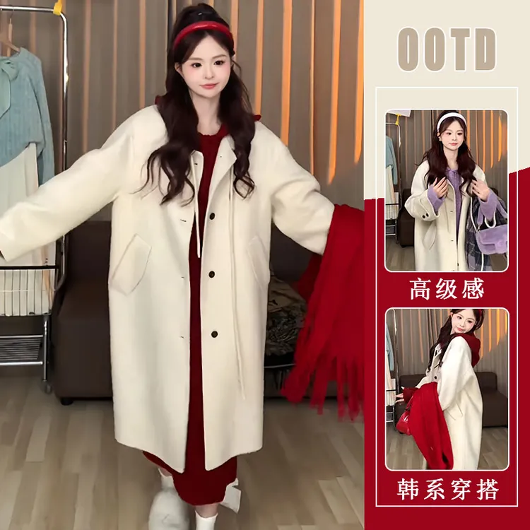 2025秋冬新款气质慵懒时尚套装女连帽针织连衣裙中长款大衣两件套