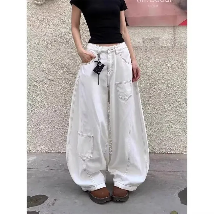 美式高街白色设计感弯刀牛仔裤女春夏新款宽松显瘦高腰阔腿拖地裤