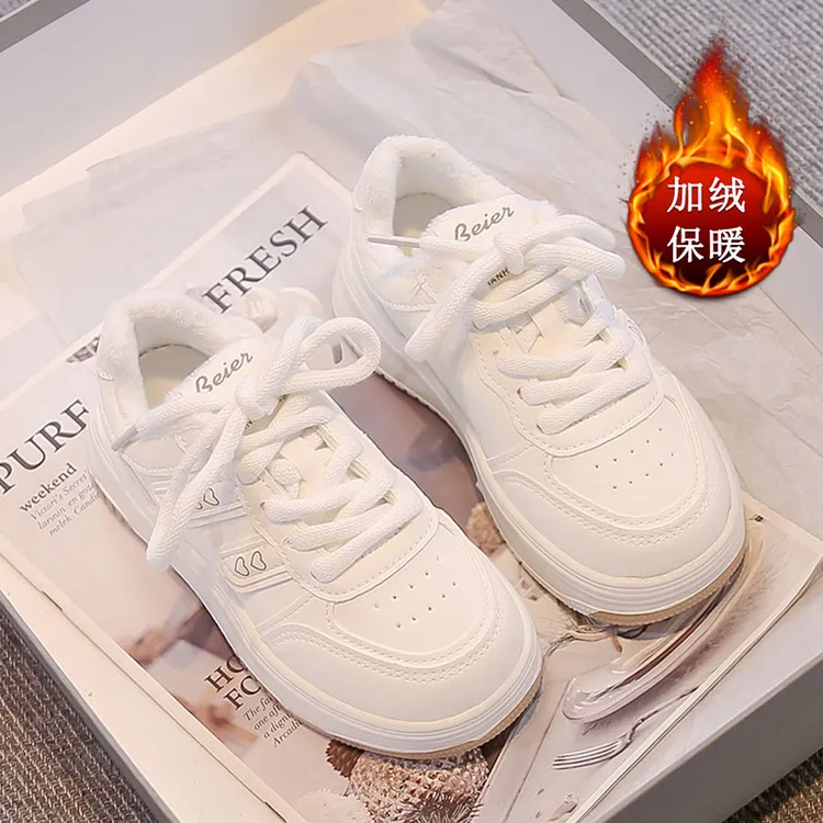女童小白鞋秋冬季新款初中生运动鞋中大童板鞋秋冬加绒保暖运动鞋